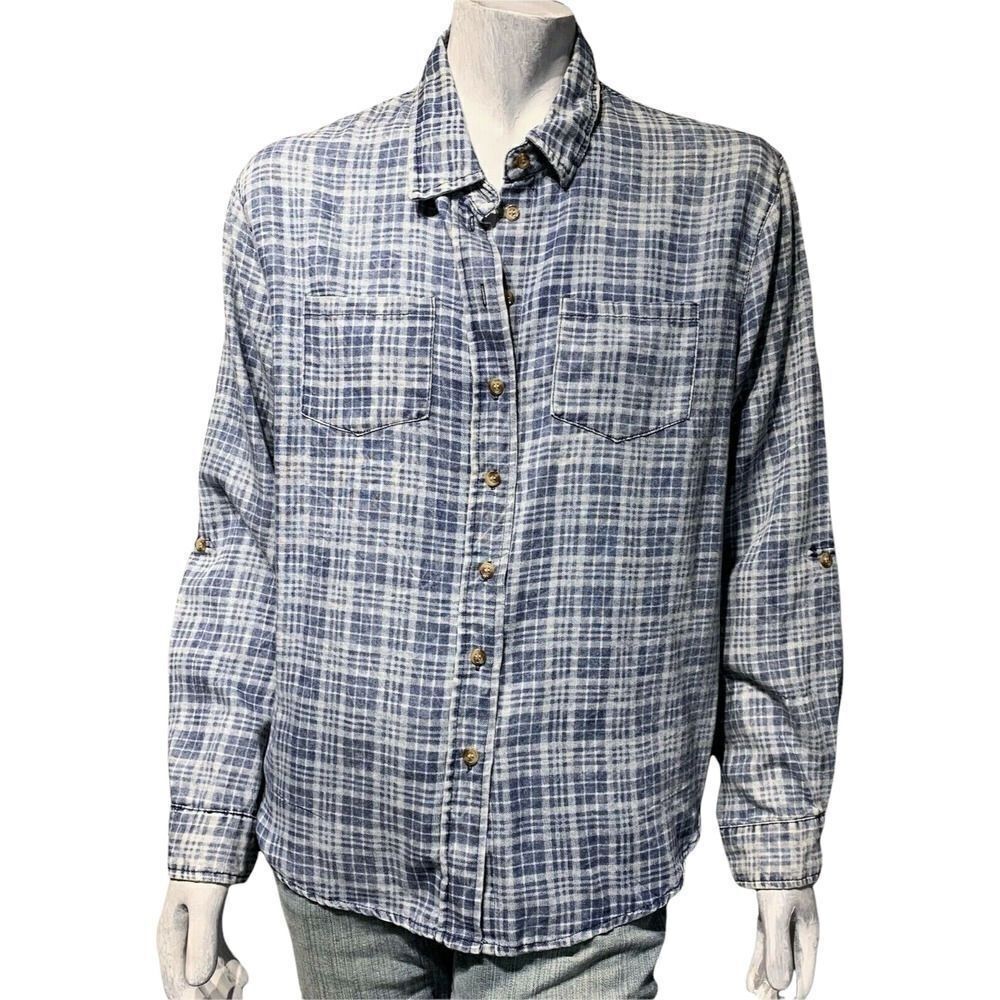 Eden & Olivia Womens Button-Up Shirt Blue White Plaid Long Sleeve Top Casual M